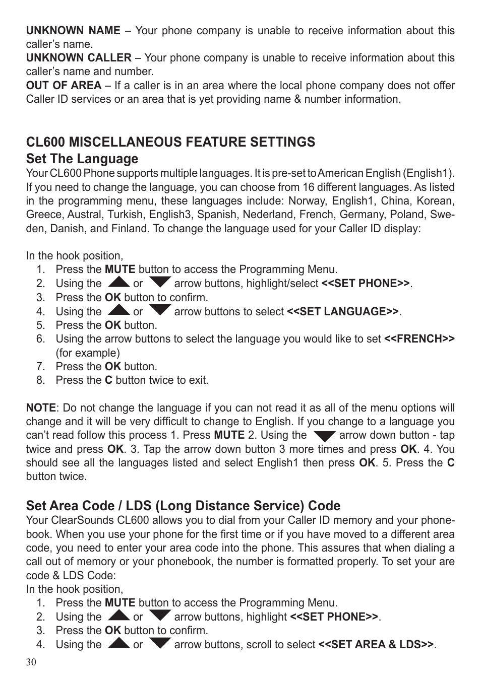 Set area code / lds (long distance service) code | ClearSounds CL600 User Manual | Page 30 / 41