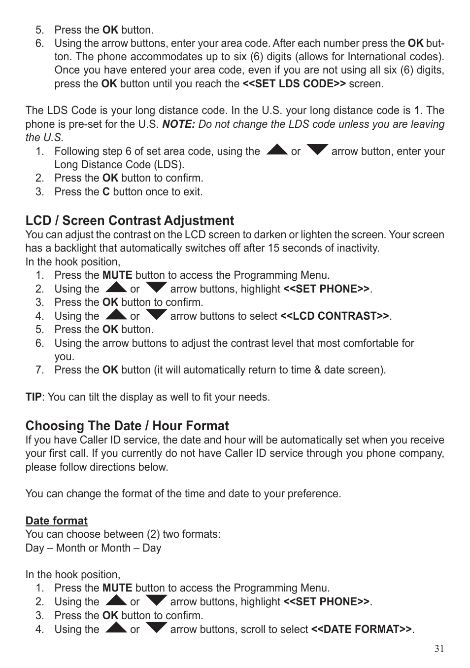 Lcd / screen contrast adjustment, Choosing the date / hour format | ClearSounds CL600 User Manual | Page 31 / 41