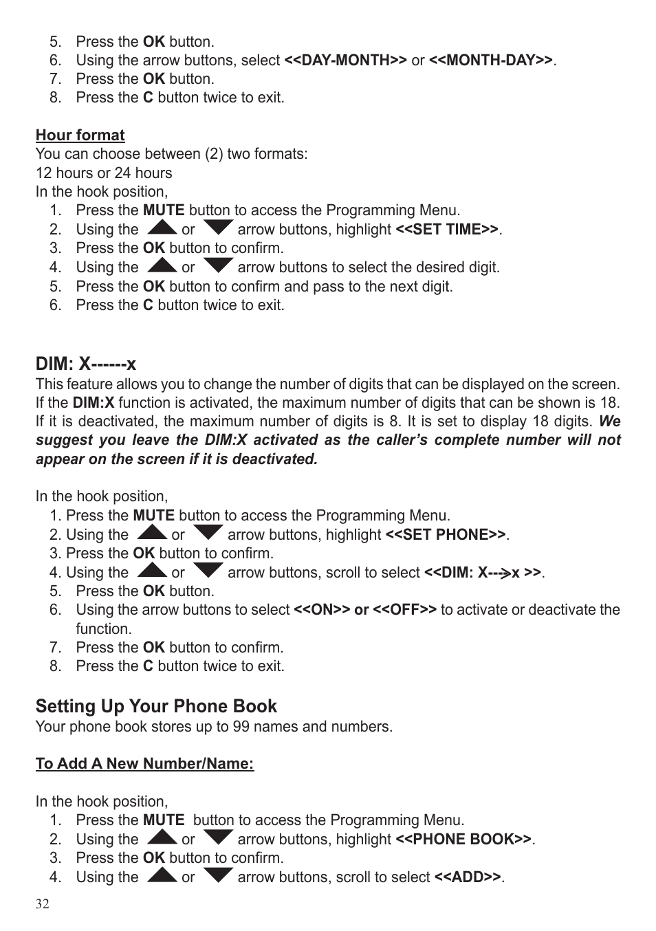 Dim: x------x, Setting up your phone book | ClearSounds CL600 User Manual | Page 32 / 41