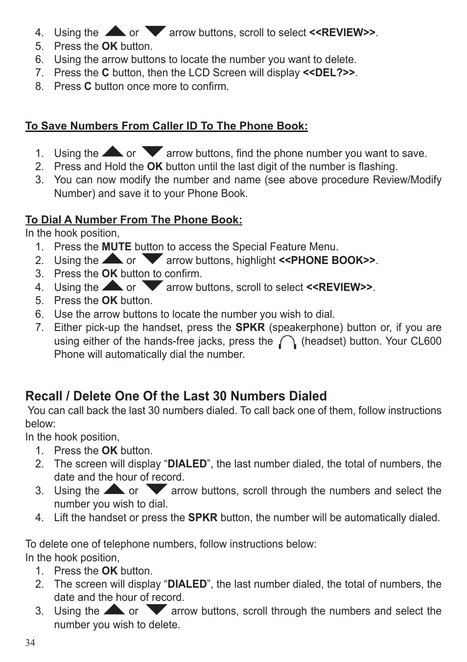 Recall / delete one of the last 30 numbers dialed | ClearSounds CL600 User Manual | Page 34 / 41