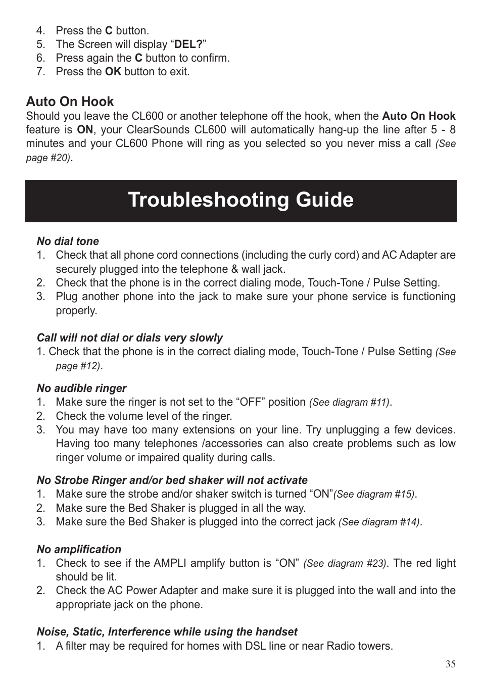 Troubleshooting guide, Auto on hook | ClearSounds CL600 User Manual | Page 35 / 41