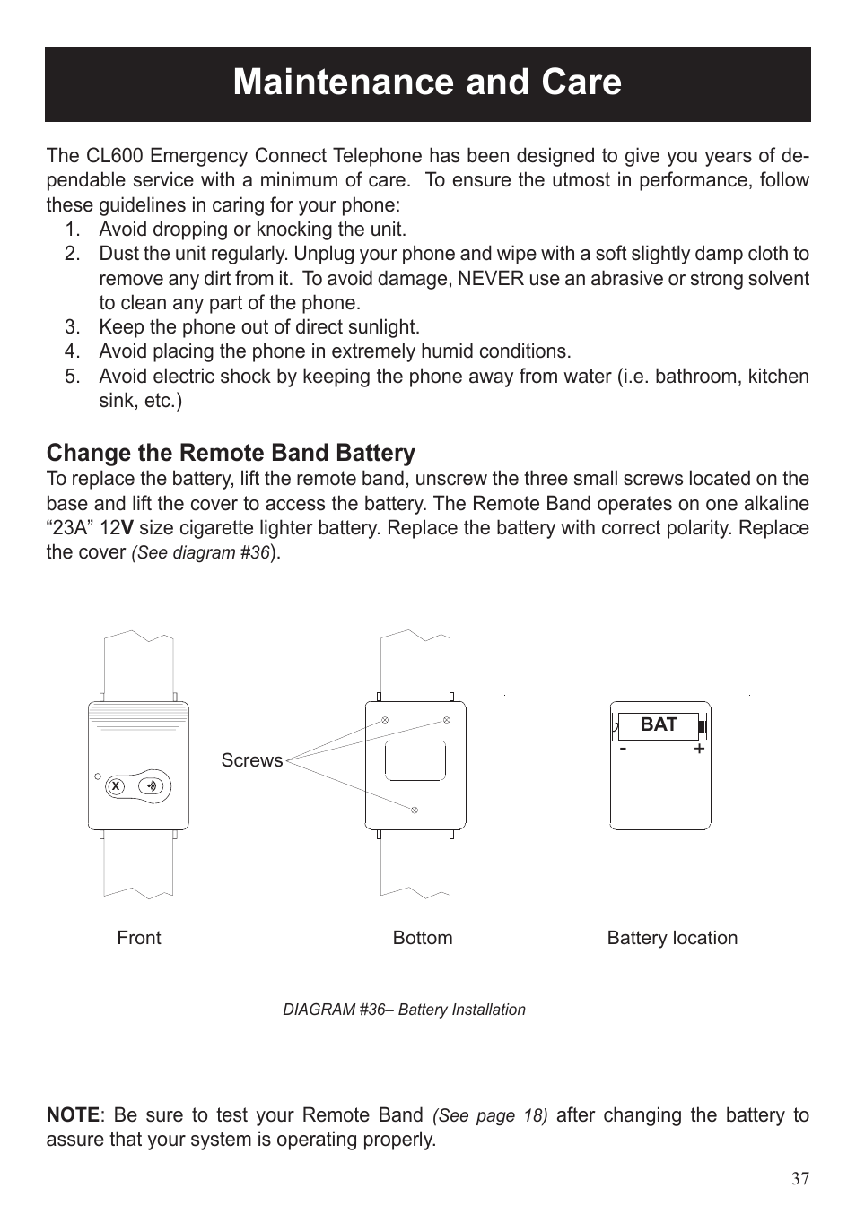 Maintenance and care, Change the remote band battery | ClearSounds CL600 User Manual | Page 37 / 41