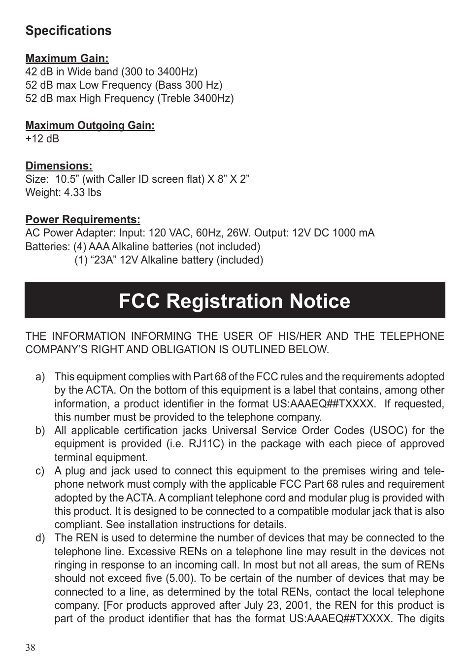 Fcc registration notice, Specifications | ClearSounds CL600 User Manual | Page 38 / 41