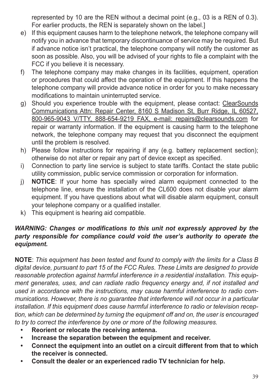 ClearSounds CL600 User Manual | Page 39 / 41
