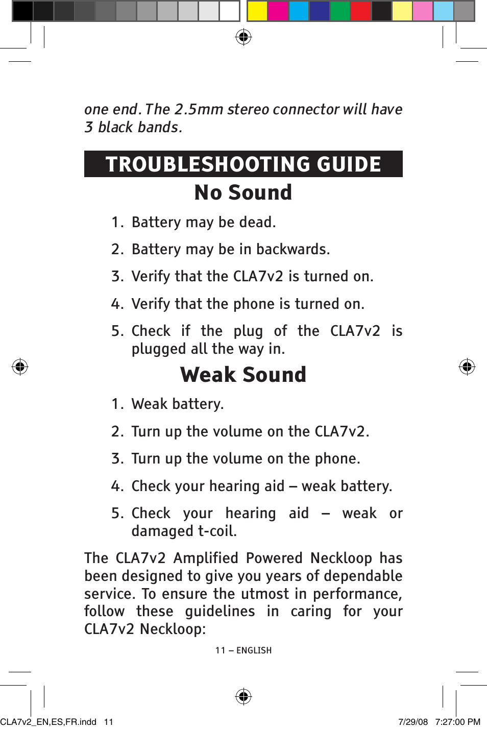 Troubleshooting guide no sound, Weak sound | ClearSounds CLA7V2 User Manual | Page 11 / 54