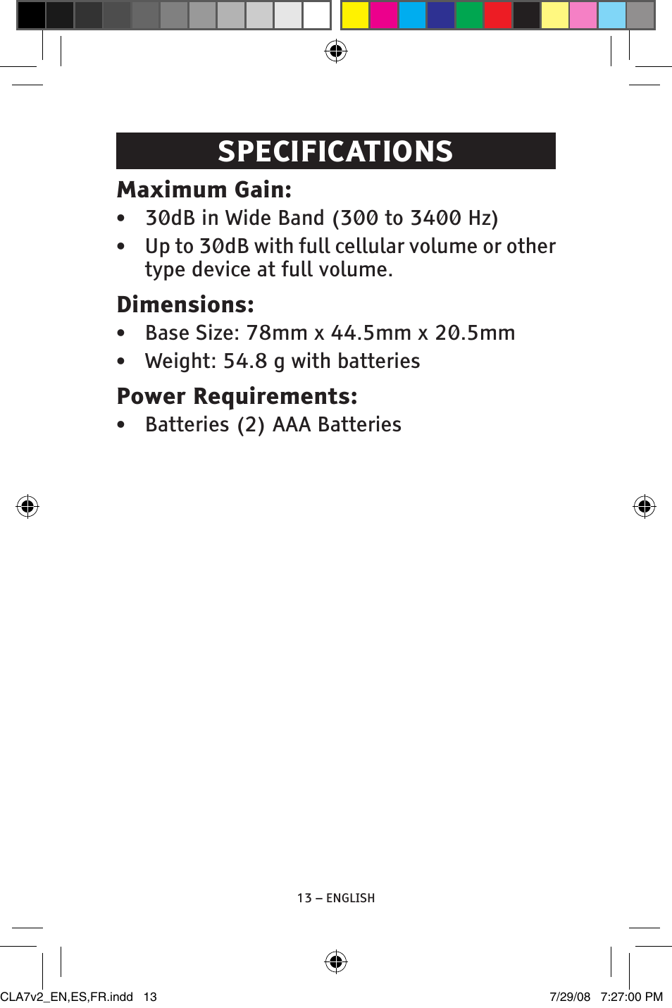 Specifications, Maximum gain, Dimensions | Power requirements | ClearSounds CLA7V2 User Manual | Page 13 / 54