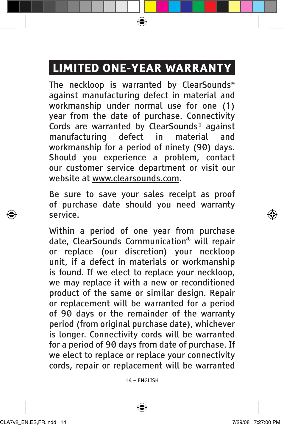 Limited one-year warranty | ClearSounds CLA7V2 User Manual | Page 14 / 54