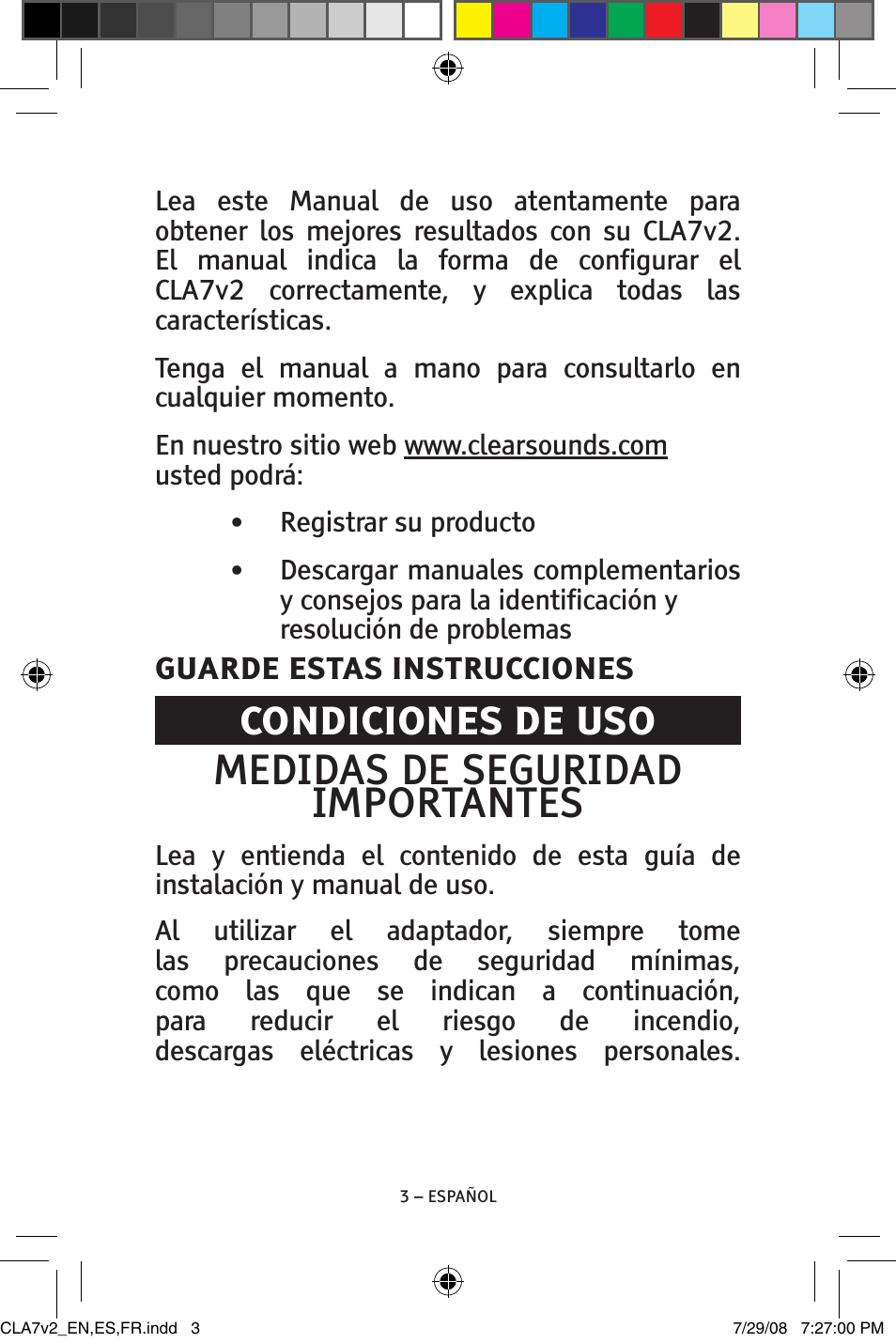 Medidas de seguridad importantes, Condiciones de uso | ClearSounds CLA7V2 User Manual | Page 19 / 54