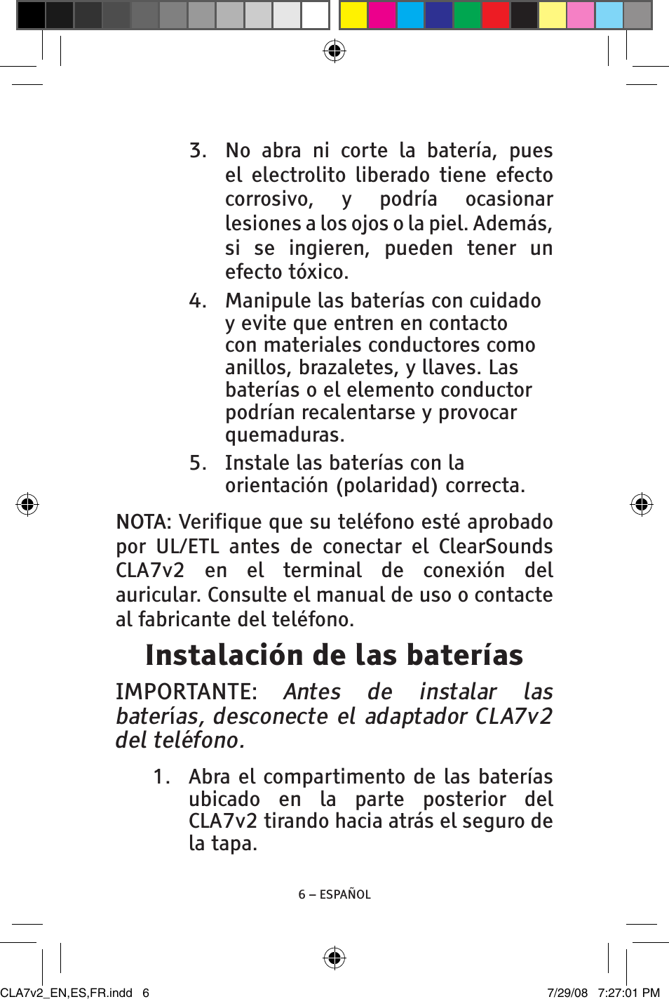 Instalación de las baterías | ClearSounds CLA7V2 User Manual | Page 22 / 54