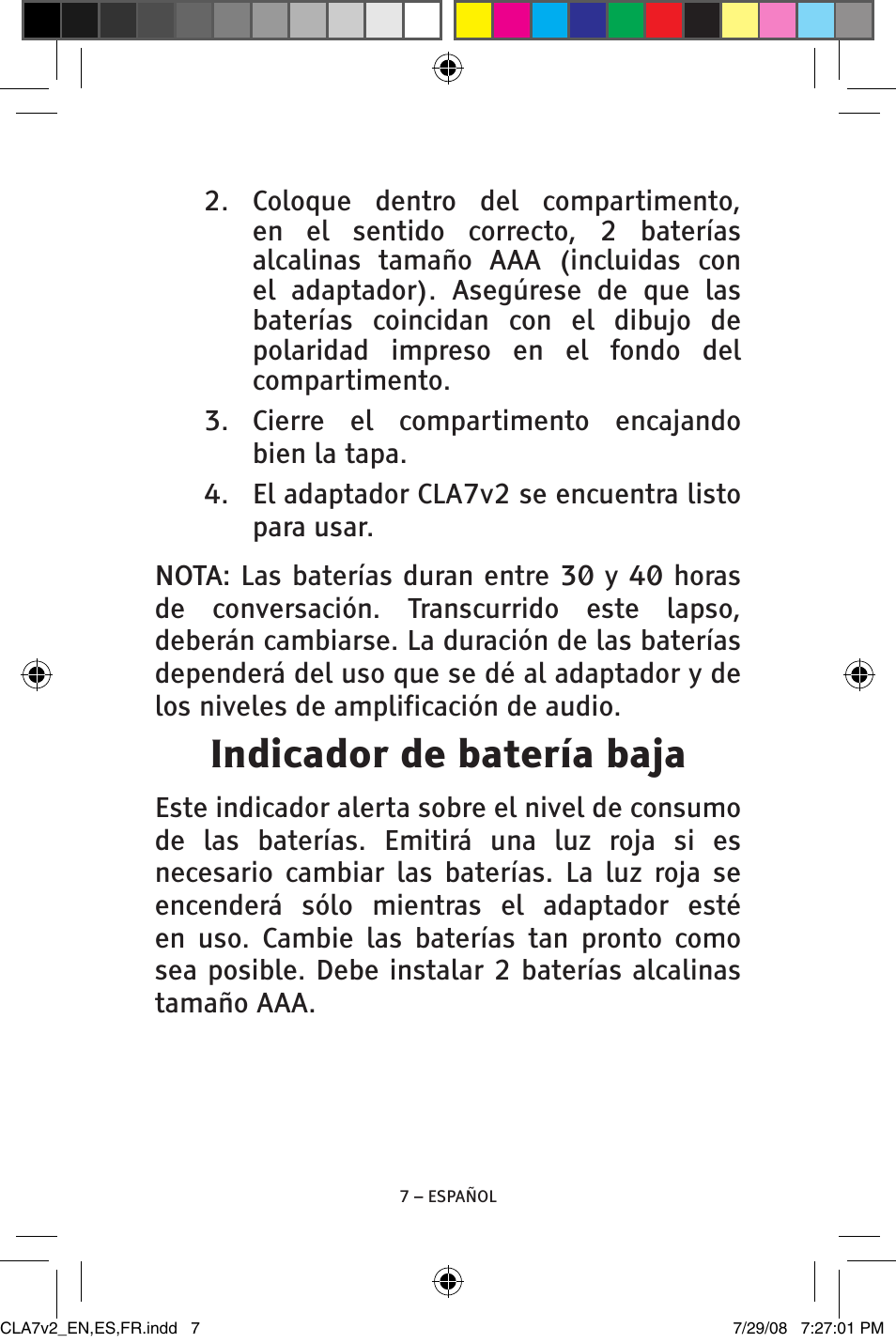 Indicador de batería baja | ClearSounds CLA7V2 User Manual | Page 23 / 54