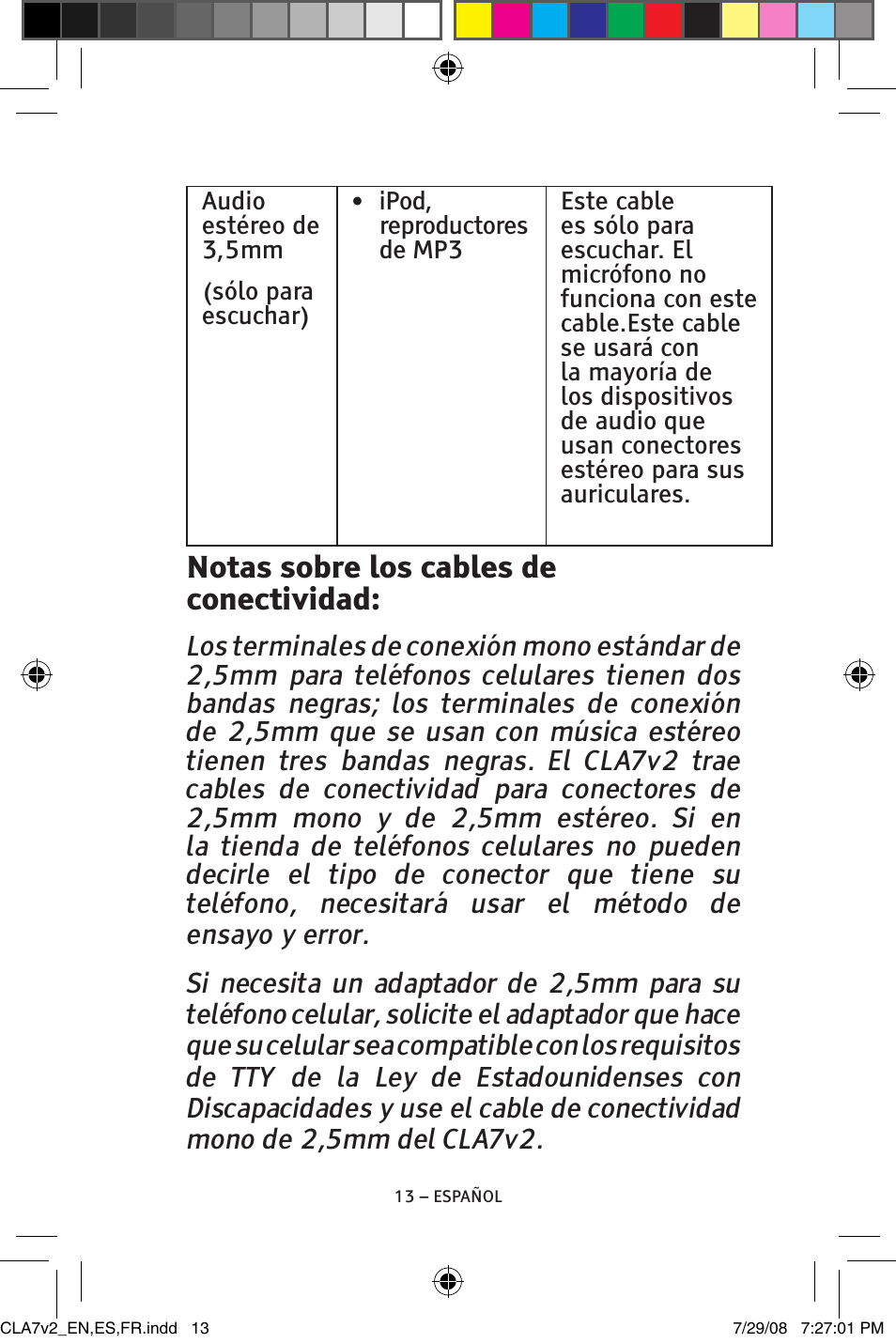 Notas sobre los cables de conectividad | ClearSounds CLA7V2 User Manual | Page 29 / 54