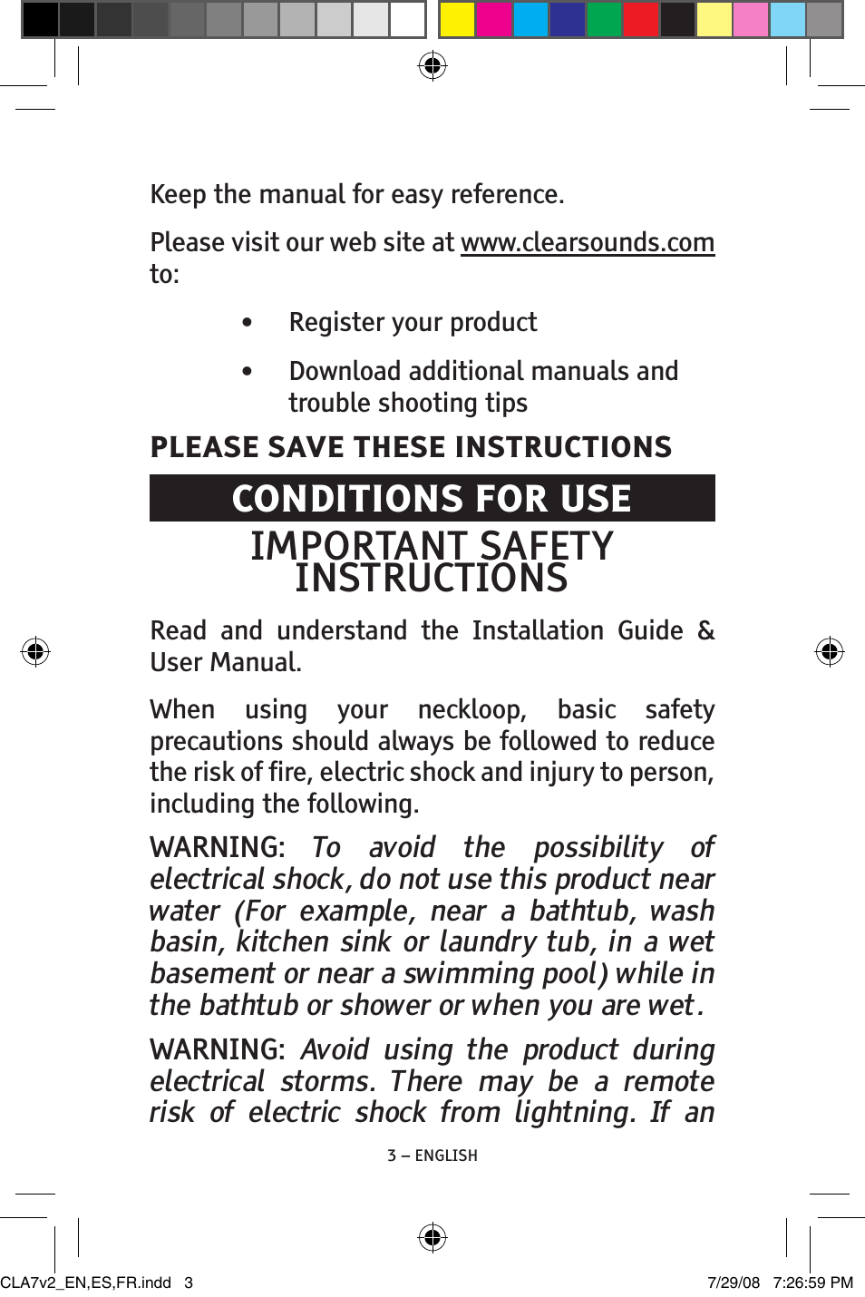 Important safety instructions, Conditions for use | ClearSounds CLA7V2 User Manual | Page 3 / 54