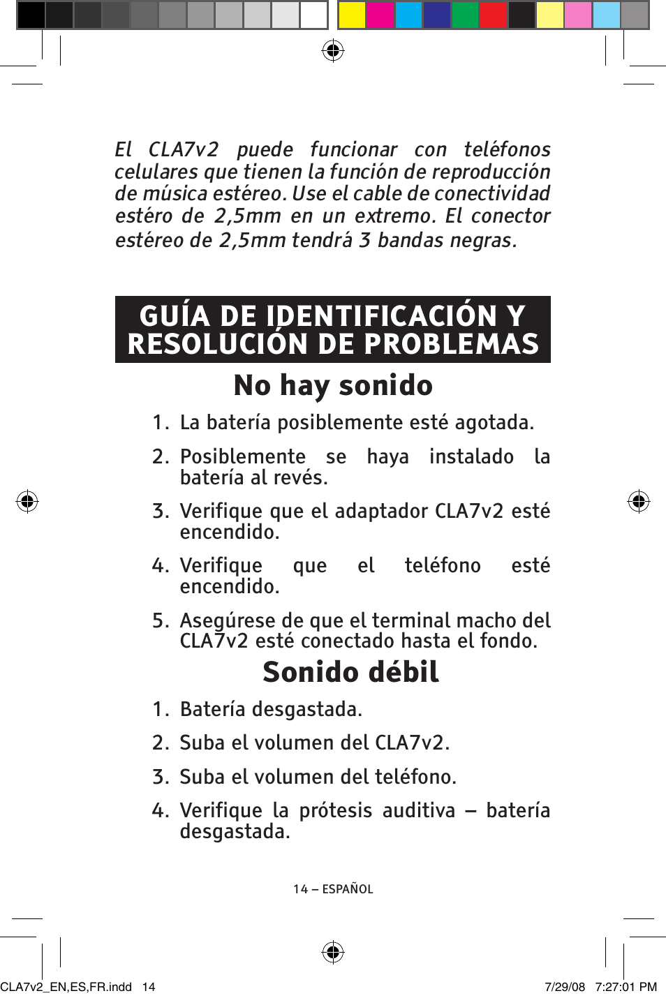 Sonido débil | ClearSounds CLA7V2 User Manual | Page 30 / 54