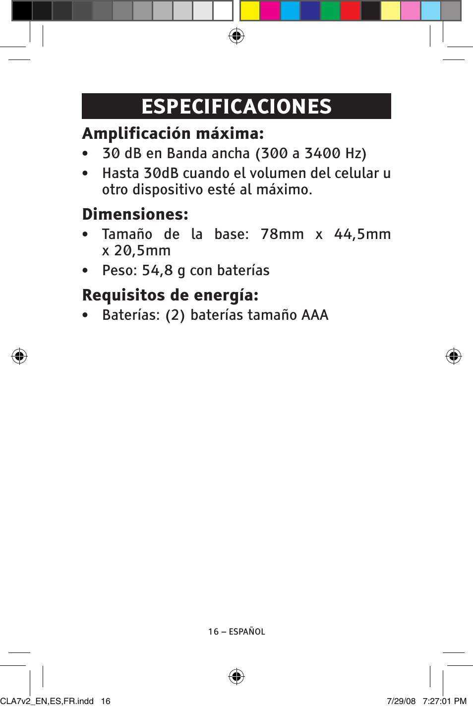 Especificaciones, Amplificación máxima, Dimensiones | Requisitos de energía | ClearSounds CLA7V2 User Manual | Page 32 / 54