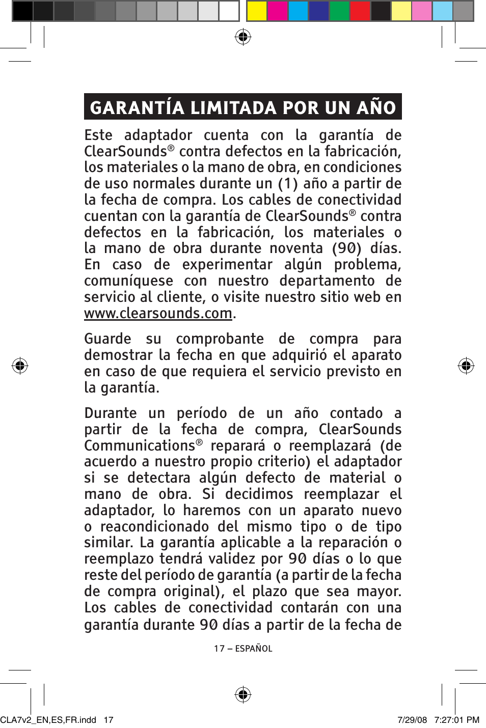 Garantía limitada por un año | ClearSounds CLA7V2 User Manual | Page 33 / 54