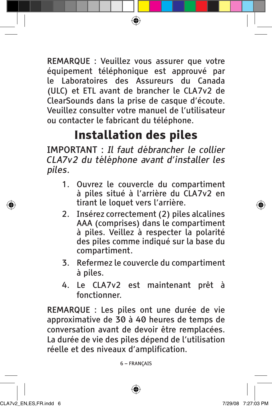 Installation des piles | ClearSounds CLA7V2 User Manual | Page 42 / 54