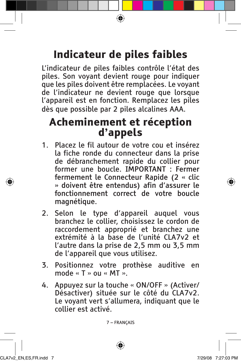 Indicateur de piles faibles, Acheminement et réception d’appels | ClearSounds CLA7V2 User Manual | Page 43 / 54