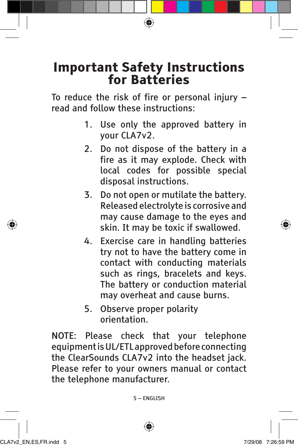 Important safety instructions for batteries | ClearSounds CLA7V2 User Manual | Page 5 / 54