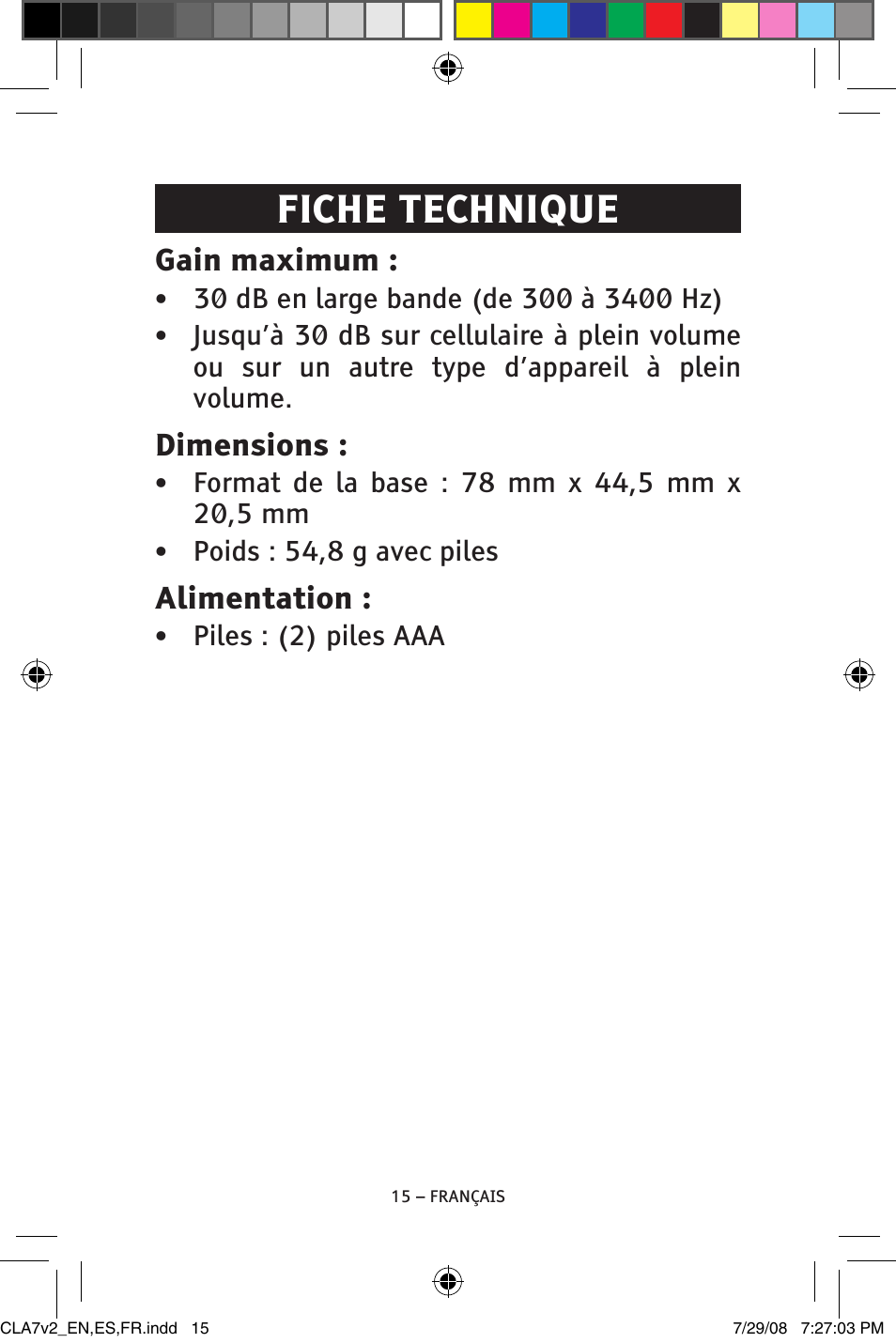Fiche technique, Gain maximum, Dimensions | Alimentation | ClearSounds CLA7V2 User Manual | Page 51 / 54