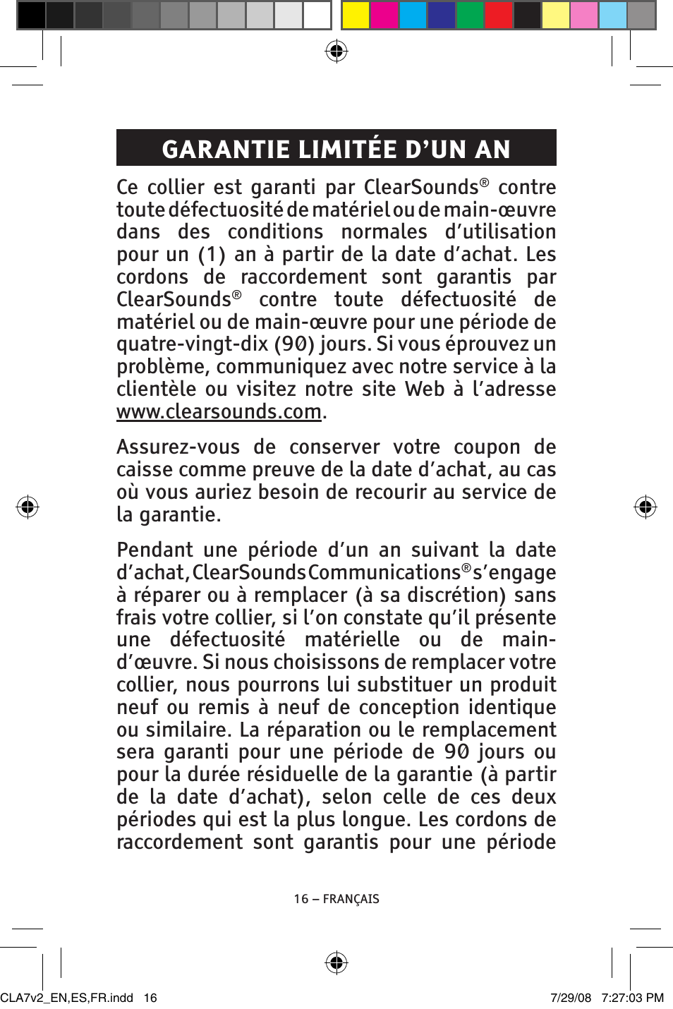 Garantie limitée d’un an | ClearSounds CLA7V2 User Manual | Page 52 / 54