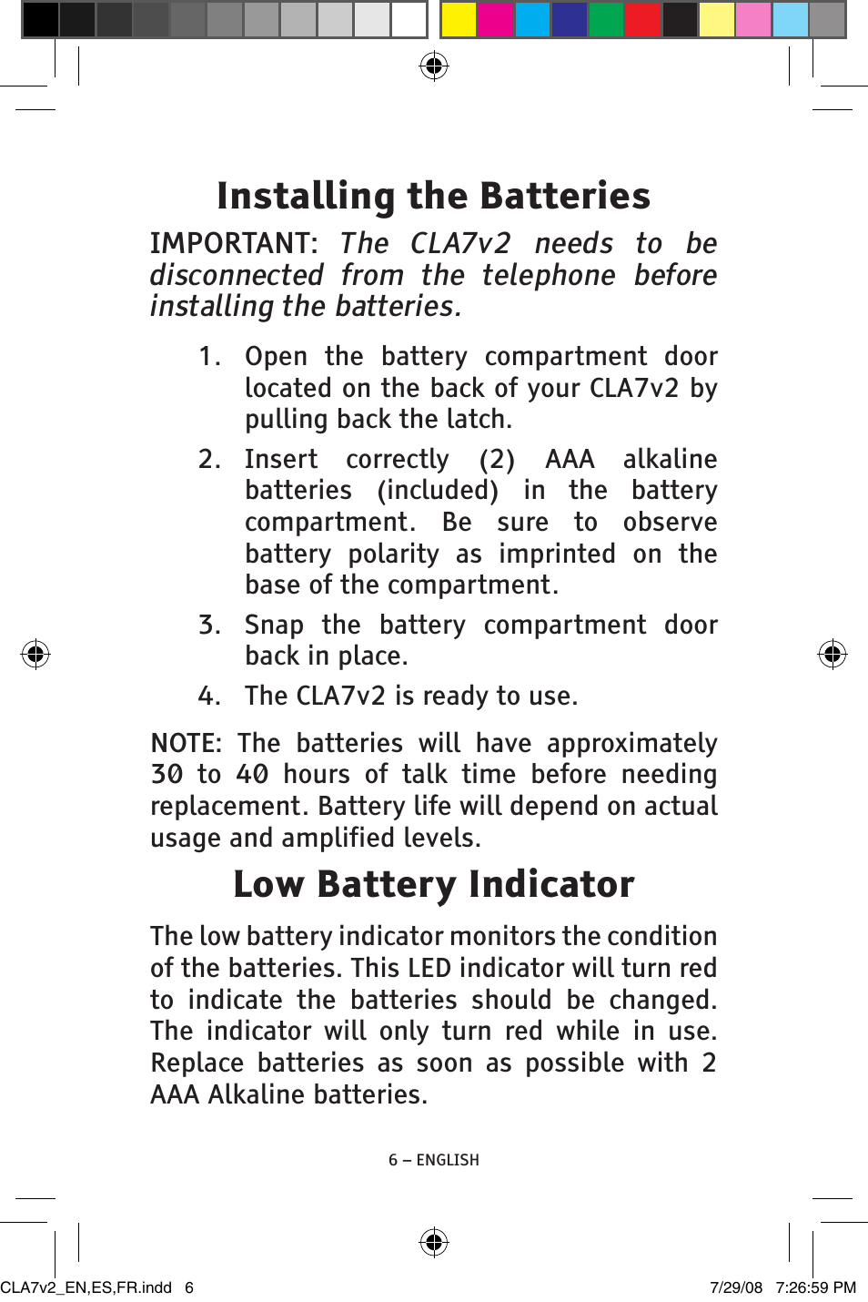 Installing the batteries, Low battery indicator | ClearSounds CLA7V2 User Manual | Page 6 / 54