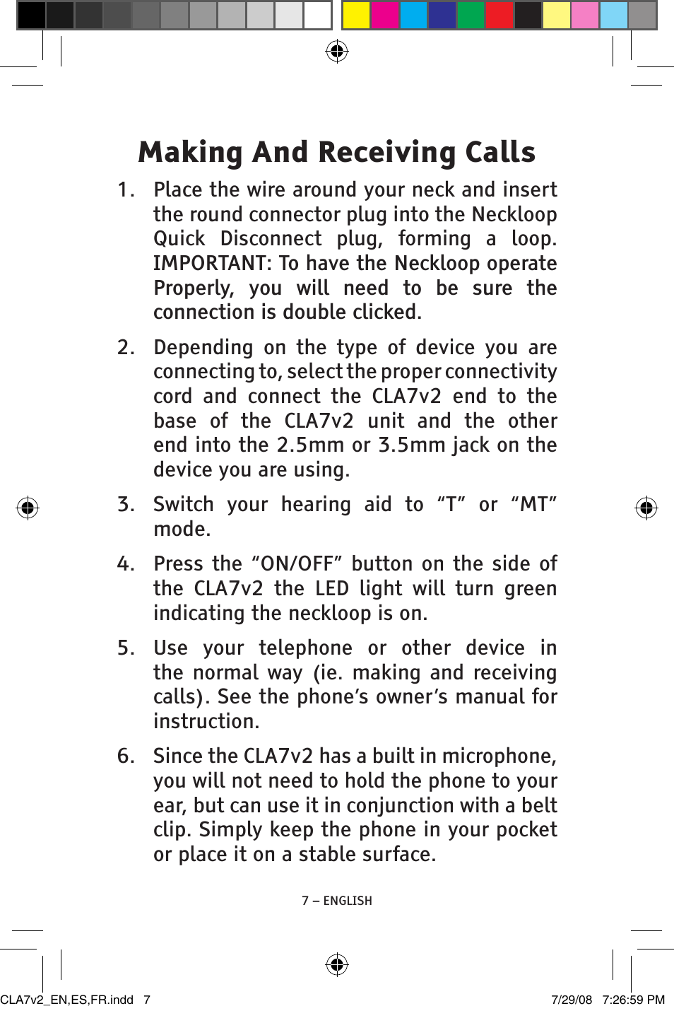 Making and receiving calls | ClearSounds CLA7V2 User Manual | Page 7 / 54