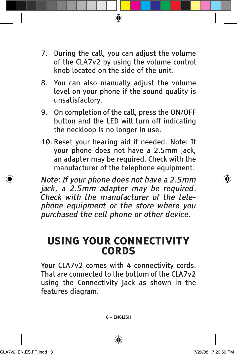Using your connectivity cords | ClearSounds CLA7V2 User Manual | Page 8 / 54