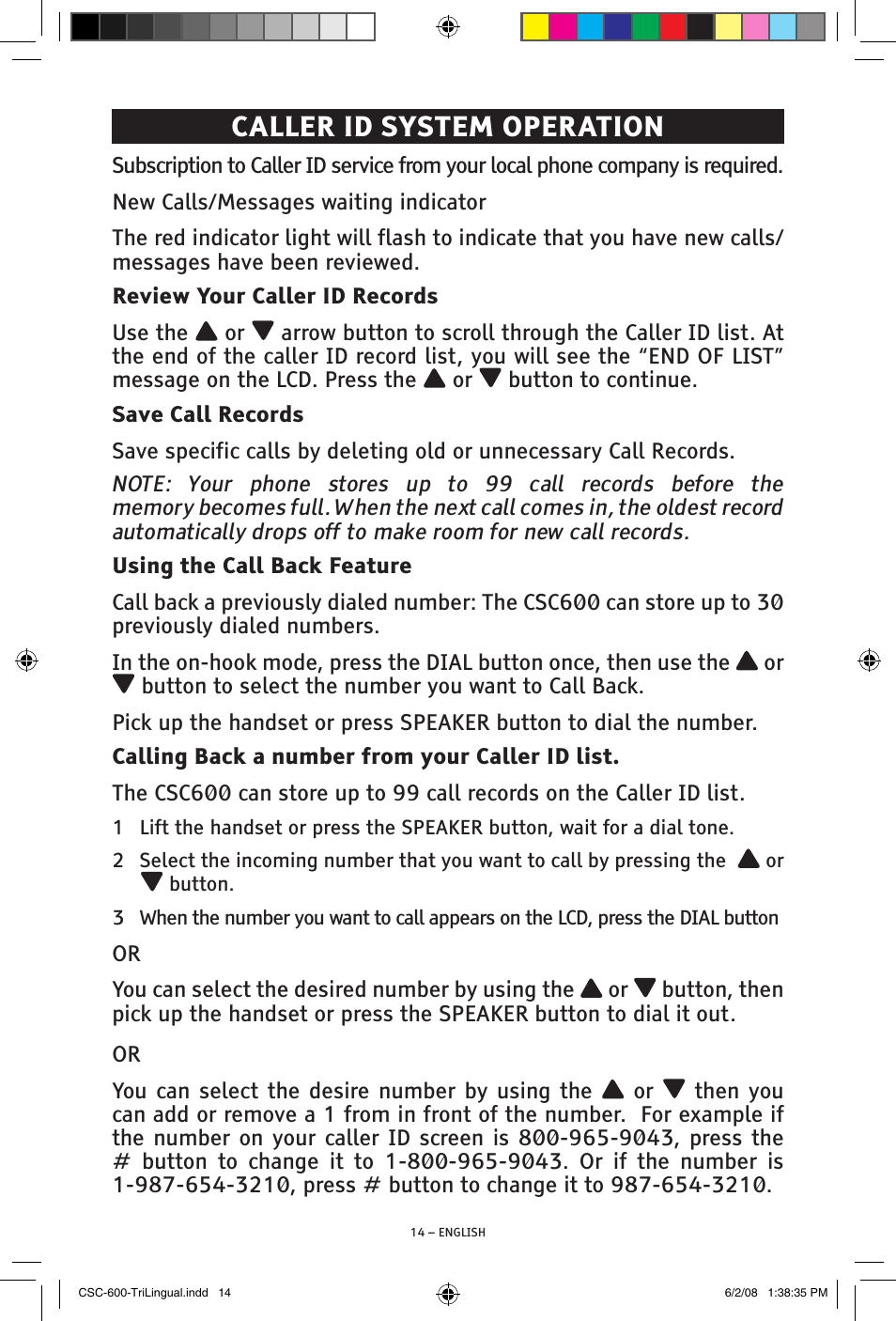 Caller id system operation | ClearSounds V508 User Manual | Page 14 / 70