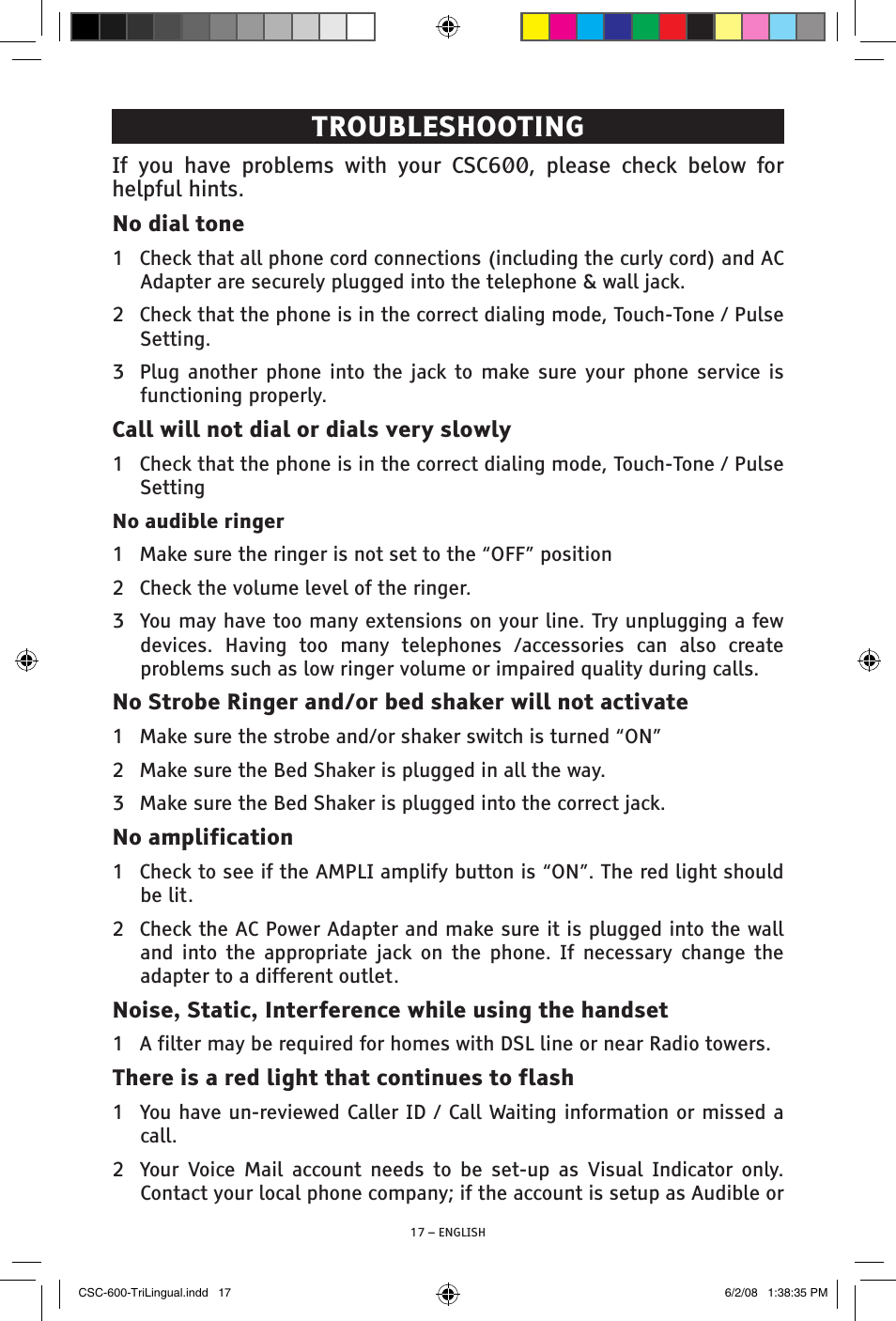 Troubleshooting | ClearSounds V508 User Manual | Page 17 / 70