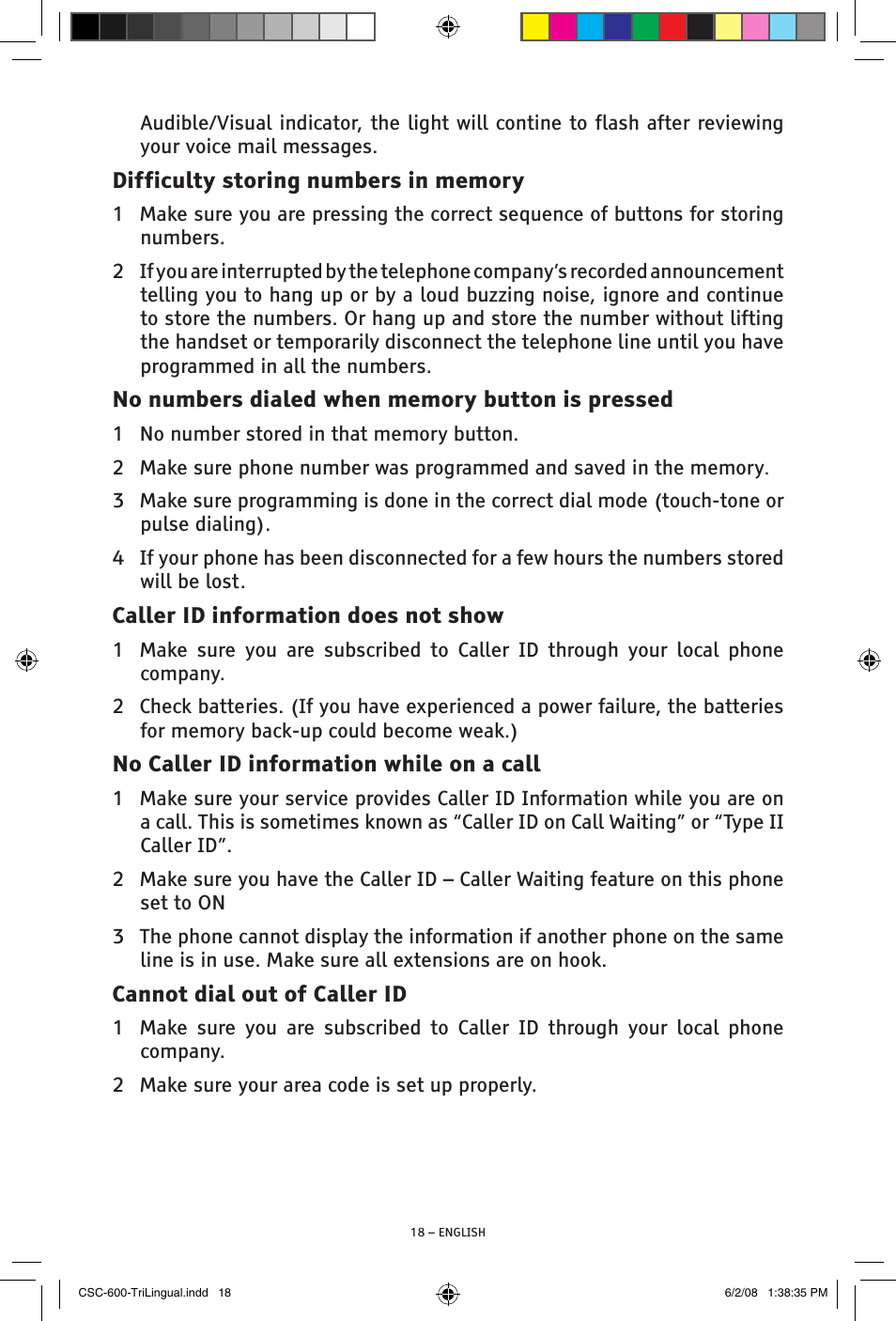 Caller id information does not show, No caller id information while on a call, Cannot dial out of caller id | ClearSounds V508 User Manual | Page 18 / 70
