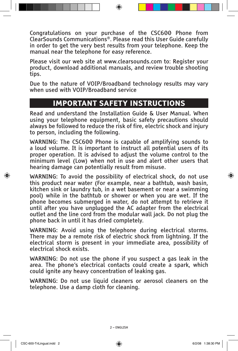 Important safety instructions | ClearSounds V508 User Manual | Page 2 / 70