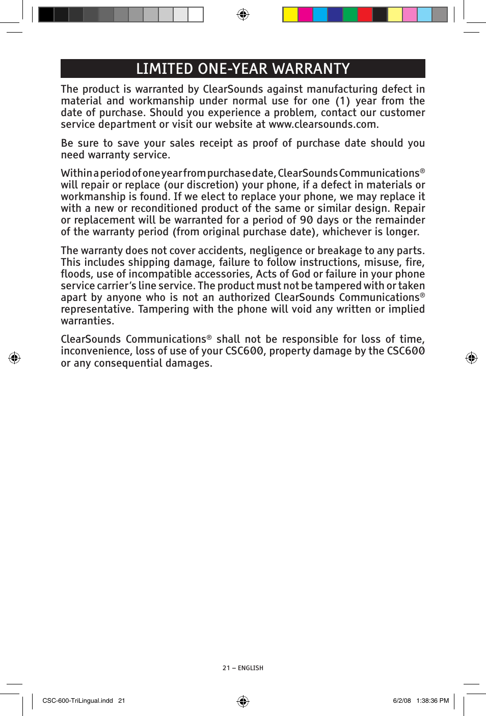 Limited one-year warranty | ClearSounds V508 User Manual | Page 21 / 70
