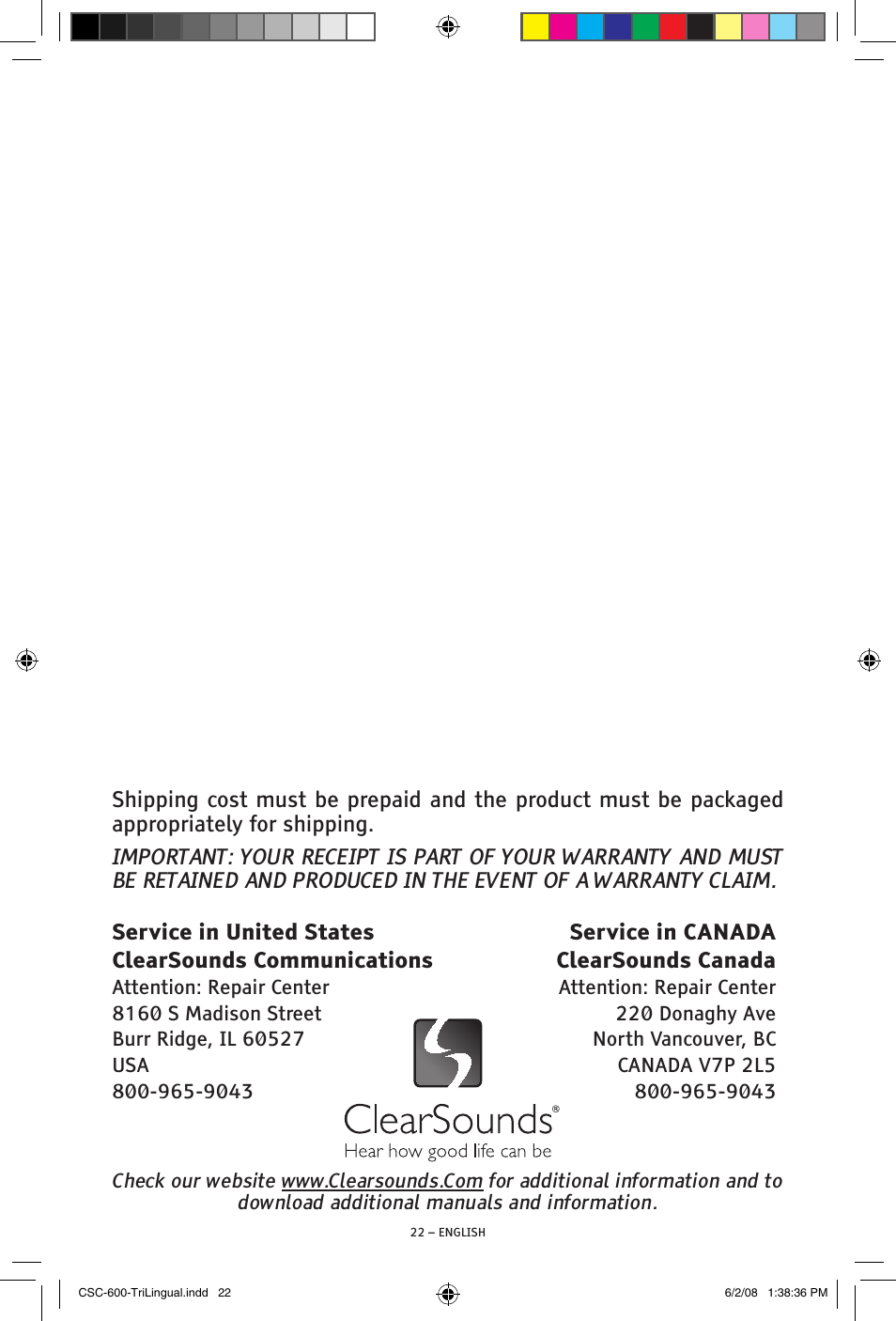 ClearSounds V508 User Manual | Page 22 / 70