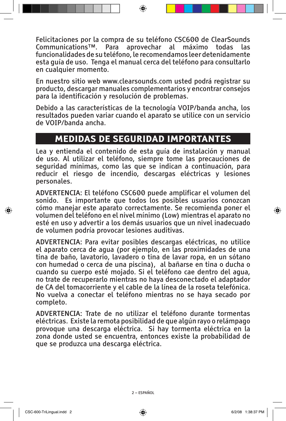 Medidas de seguridad importantes | ClearSounds V508 User Manual | Page 24 / 70