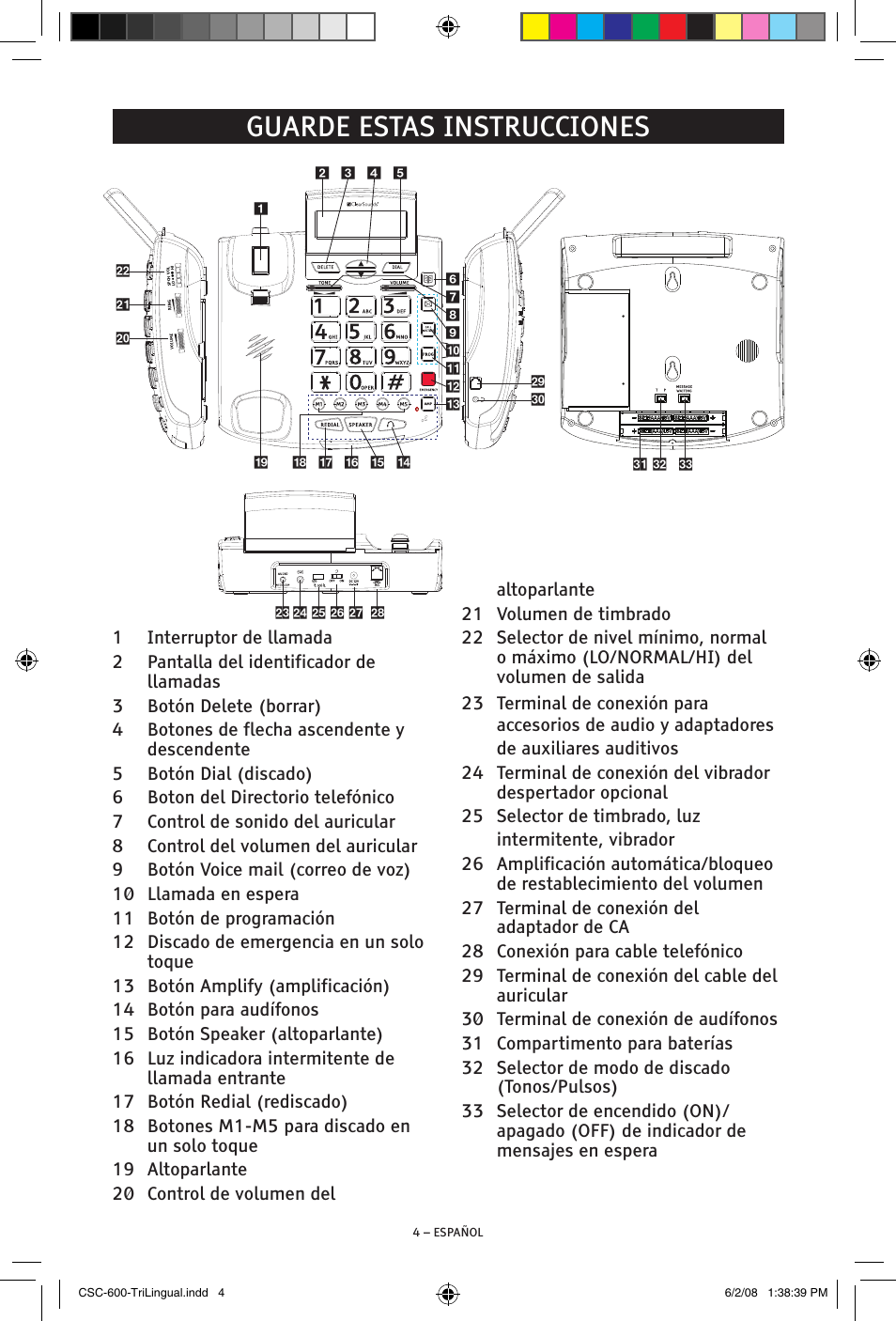 Guarde estas instrucciones | ClearSounds V508 User Manual | Page 26 / 70