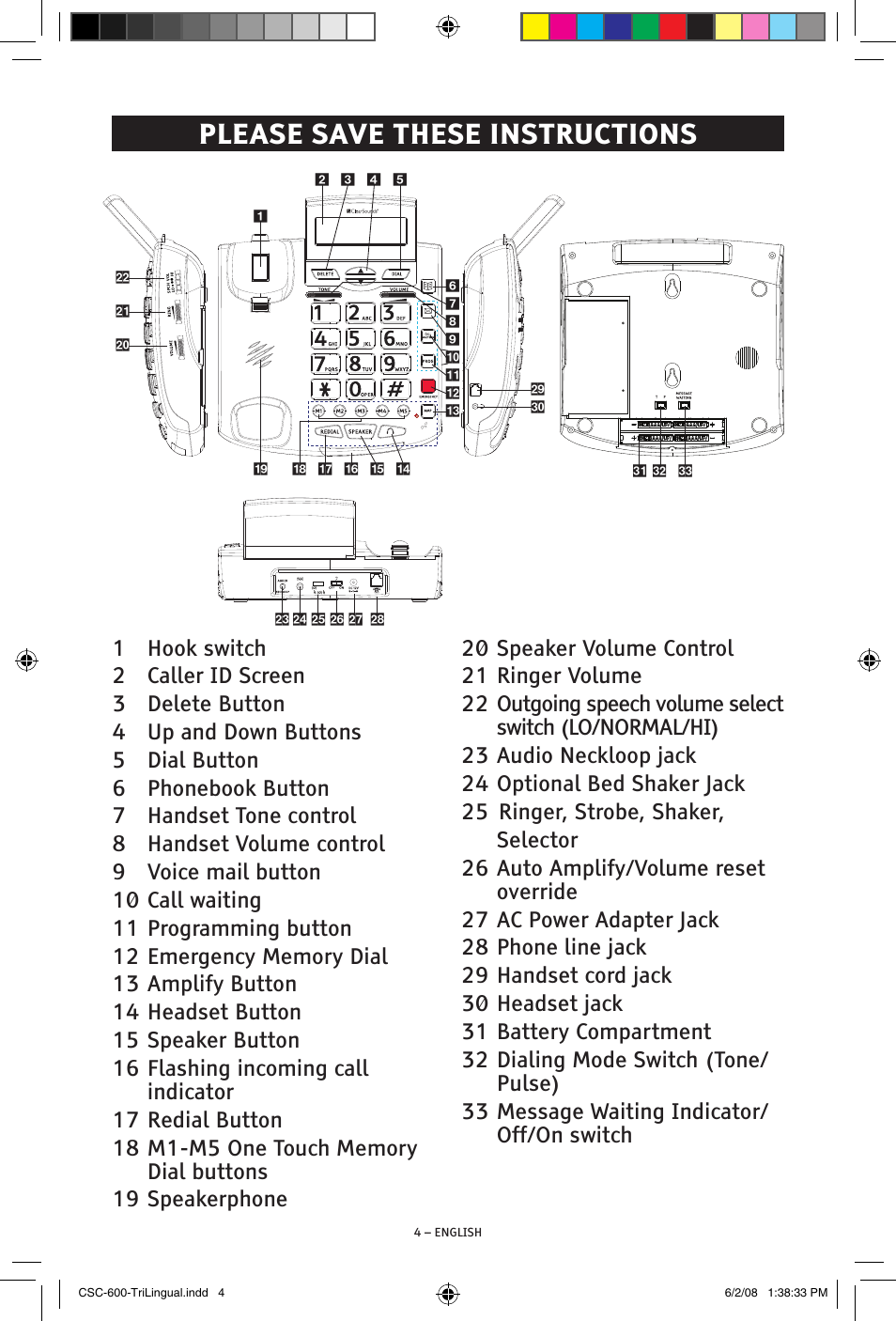 Please save these instructions | ClearSounds V508 User Manual | Page 4 / 70