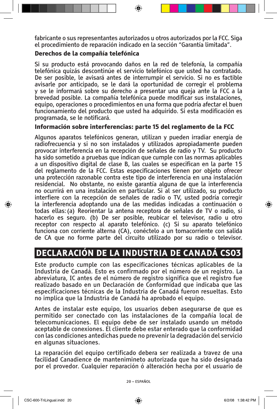 Declaración de la industria de canadá cs03 | ClearSounds V508 User Manual | Page 42 / 70