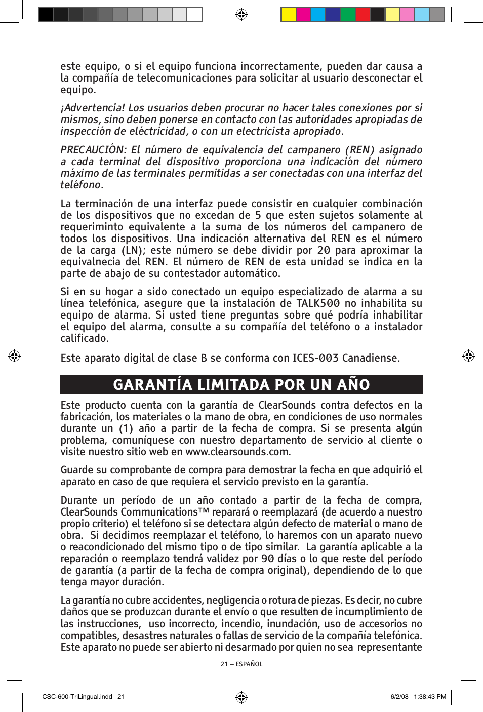 Garantía limitada por un año | ClearSounds V508 User Manual | Page 43 / 70