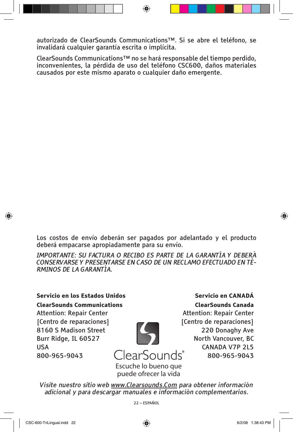 Escuche lo bueno que puede ofrecer la vida | ClearSounds V508 User Manual | Page 44 / 70