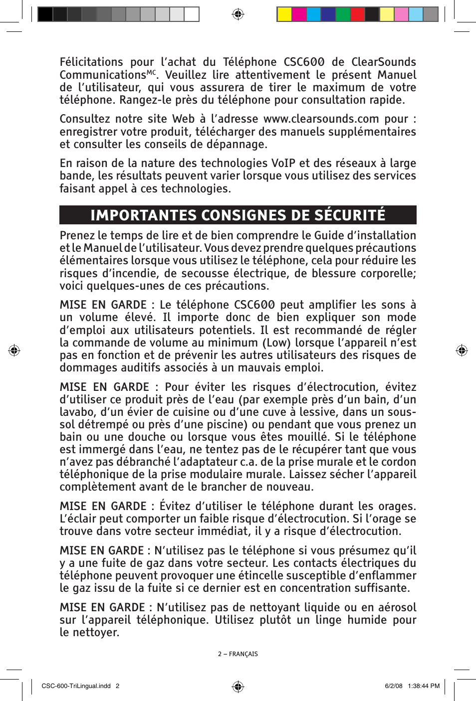 Importantes consignes de sécurité | ClearSounds V508 User Manual | Page 46 / 70