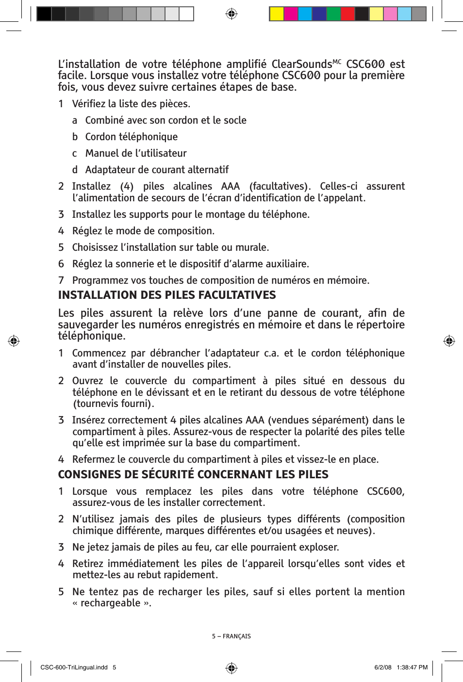 Consignes de sécurité concernant les piles | ClearSounds V508 User Manual | Page 49 / 70