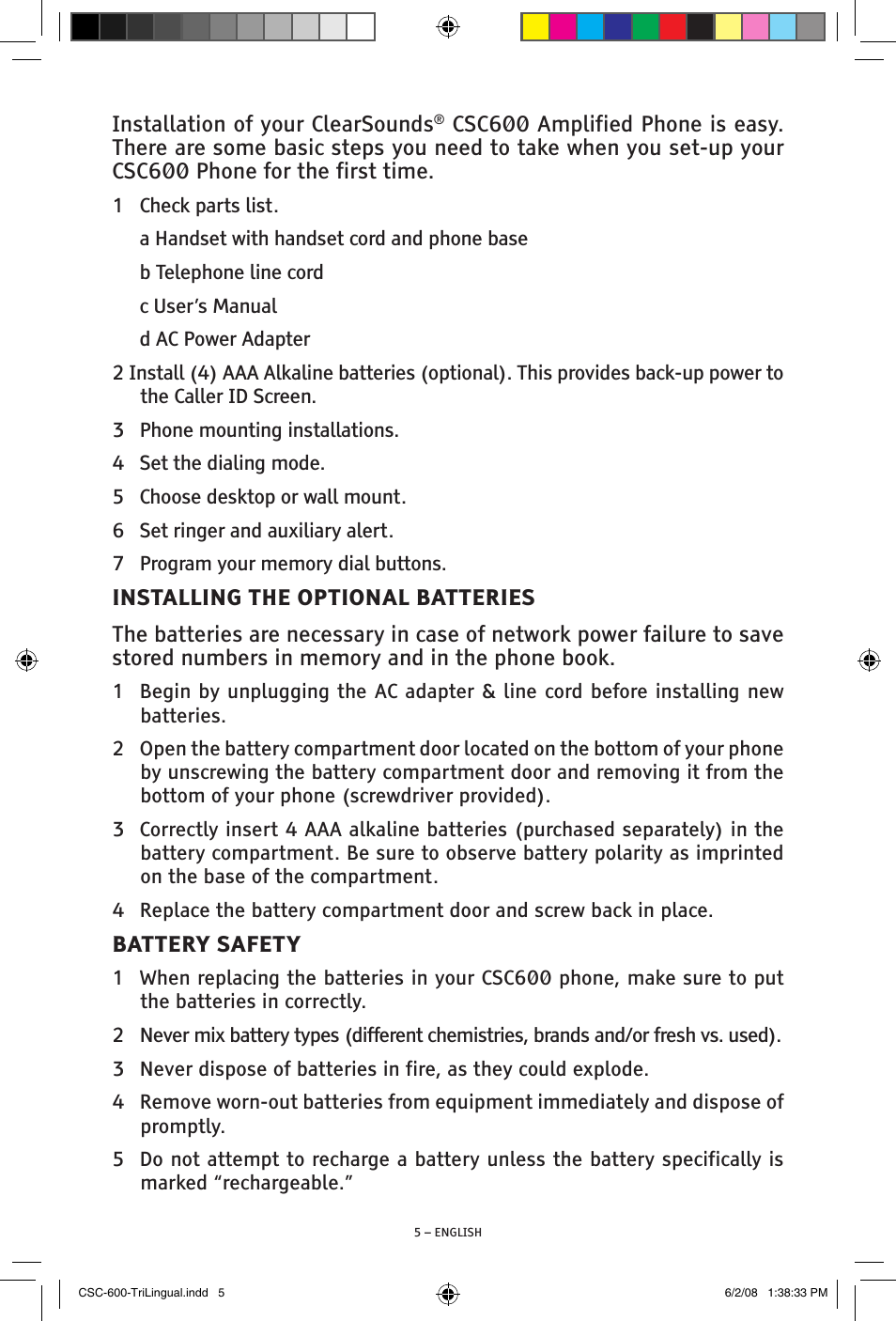 Installation of your clearsounds, Battery safety | ClearSounds V508 User Manual | Page 5 / 70