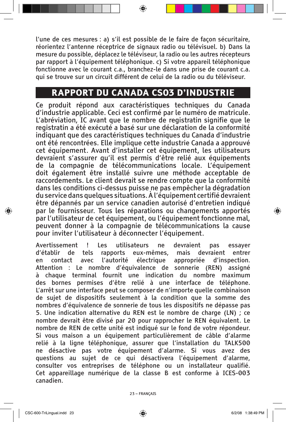 Rapport du canada cs03 d’industrie | ClearSounds V508 User Manual | Page 67 / 70