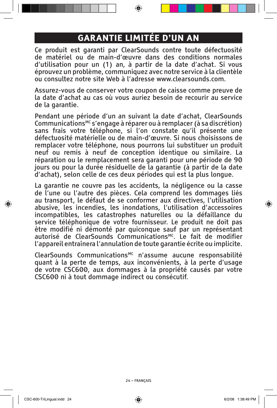 Garantie limitée d’un an | ClearSounds V508 User Manual | Page 68 / 70
