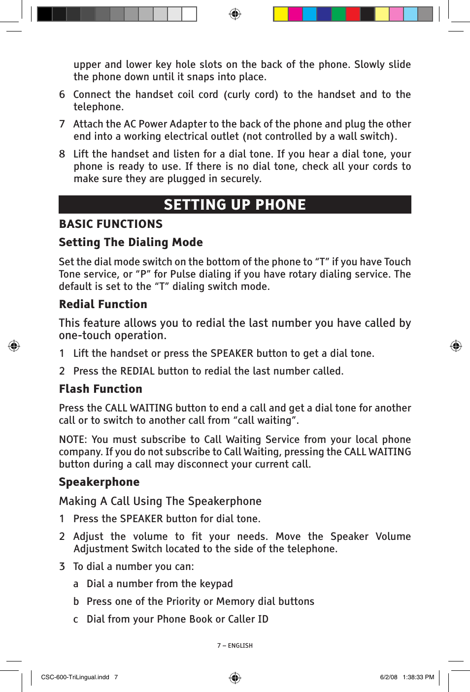 Setting up phone | ClearSounds V508 User Manual | Page 7 / 70