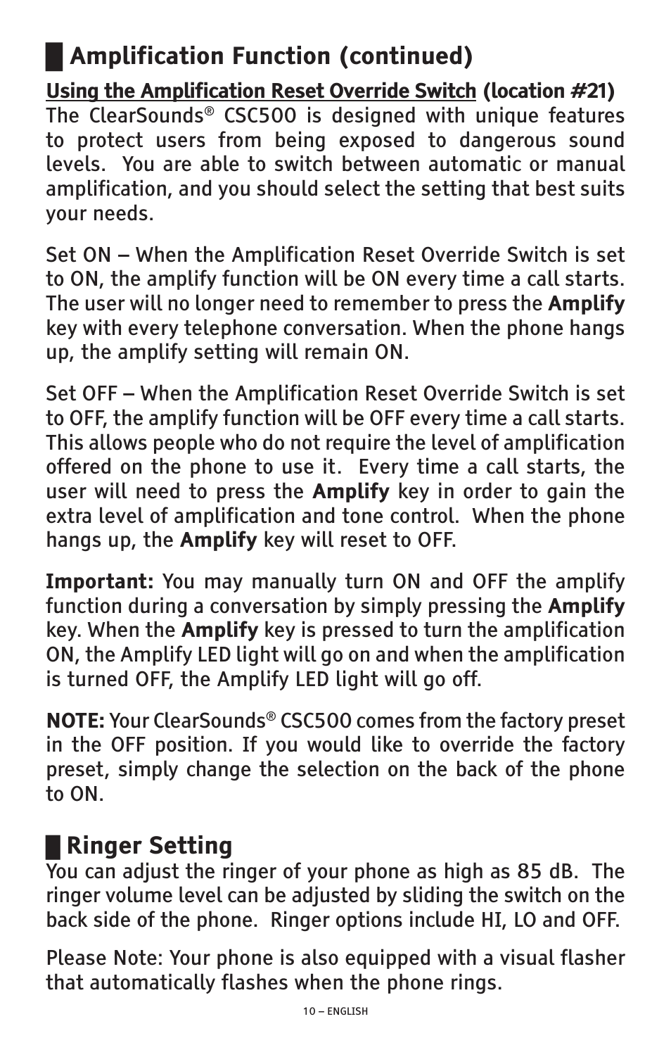 Ringer setting, Amplification function (continued) | ClearSounds CSC500 User Manual | Page 10 / 60