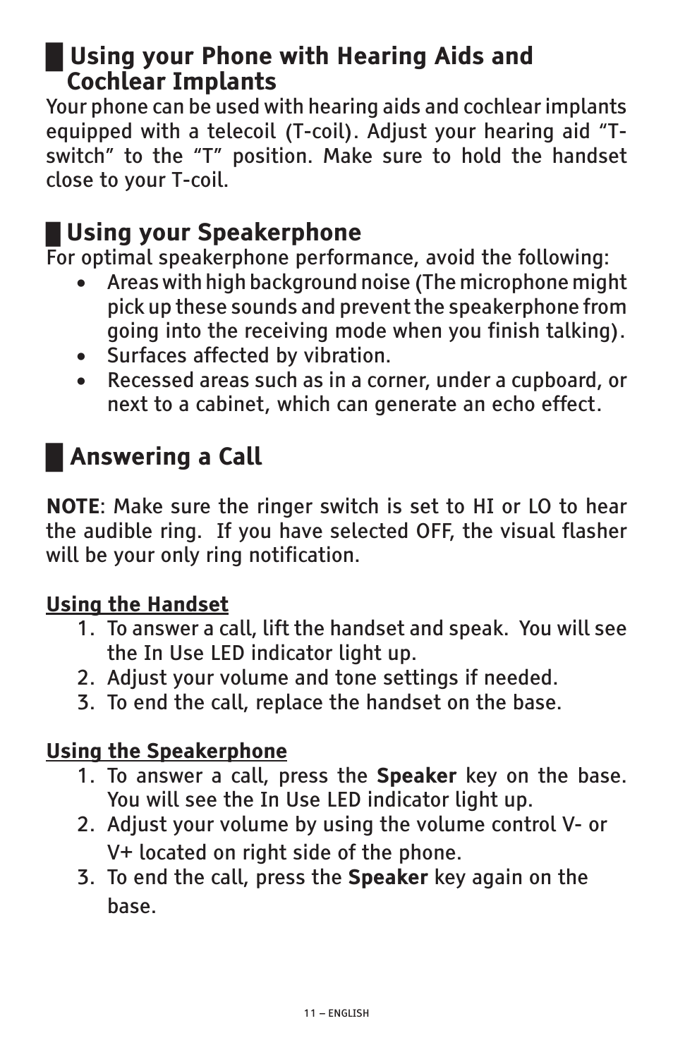 Using your speakerphone, Answering a call | ClearSounds CSC500 User Manual | Page 11 / 60