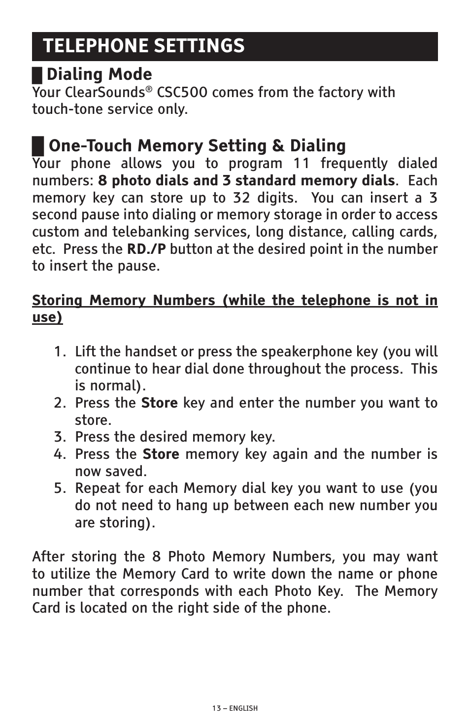 Telephone settings, Dialing mode | ClearSounds CSC500 User Manual | Page 13 / 60