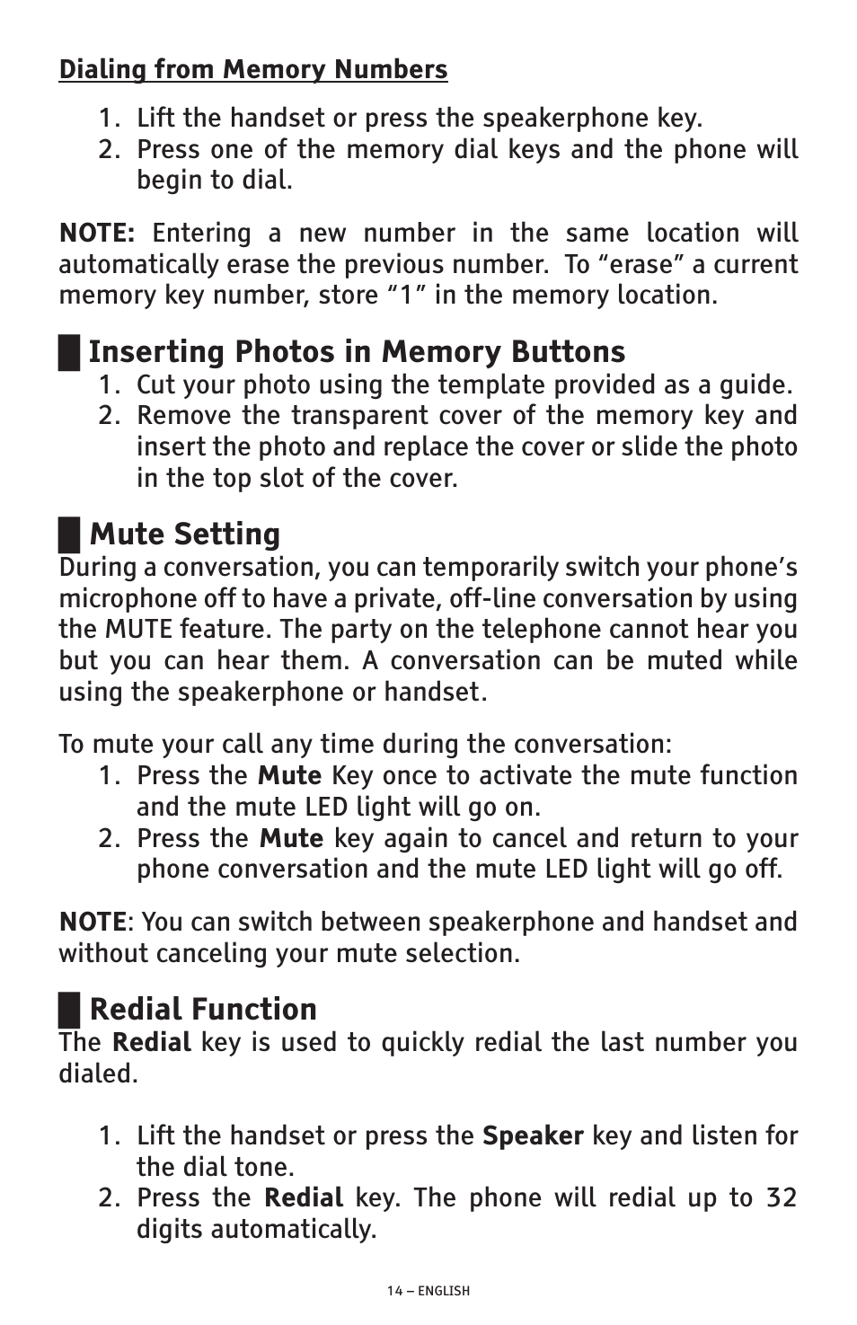 Mute setting, Redial function | ClearSounds CSC500 User Manual | Page 14 / 60