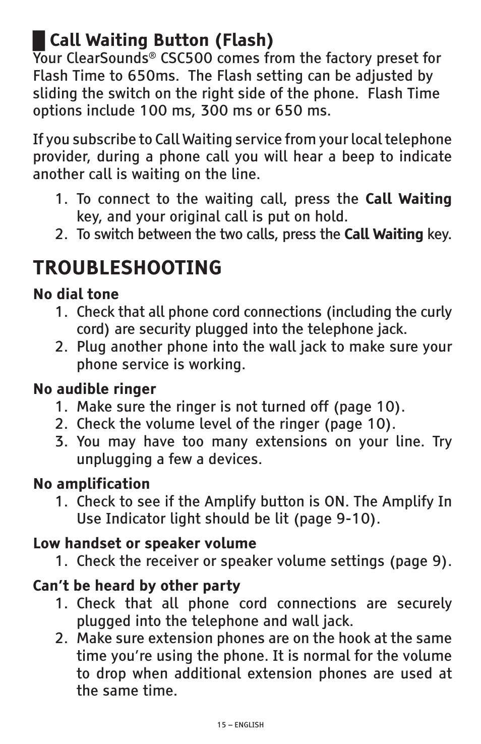 Troubleshooting, Call waiting button (flash) | ClearSounds CSC500 User Manual | Page 15 / 60